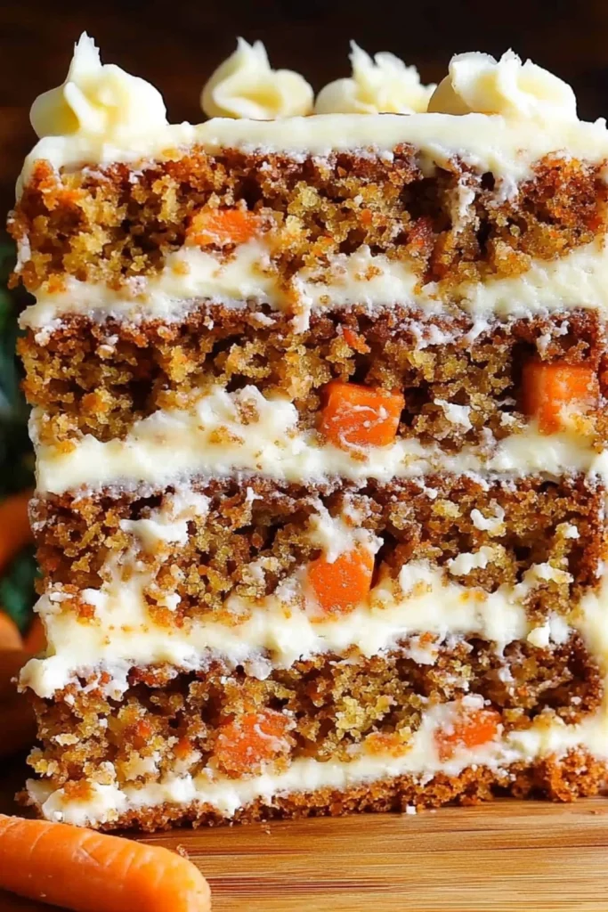 Ein saftiger, hausgemachter Karottenkuchen mit einer großzügigen Schicht Frischkäse-Frosting, der in dicke Schichten geschnitten und mit frischen Karottenstückchen verziert ist.