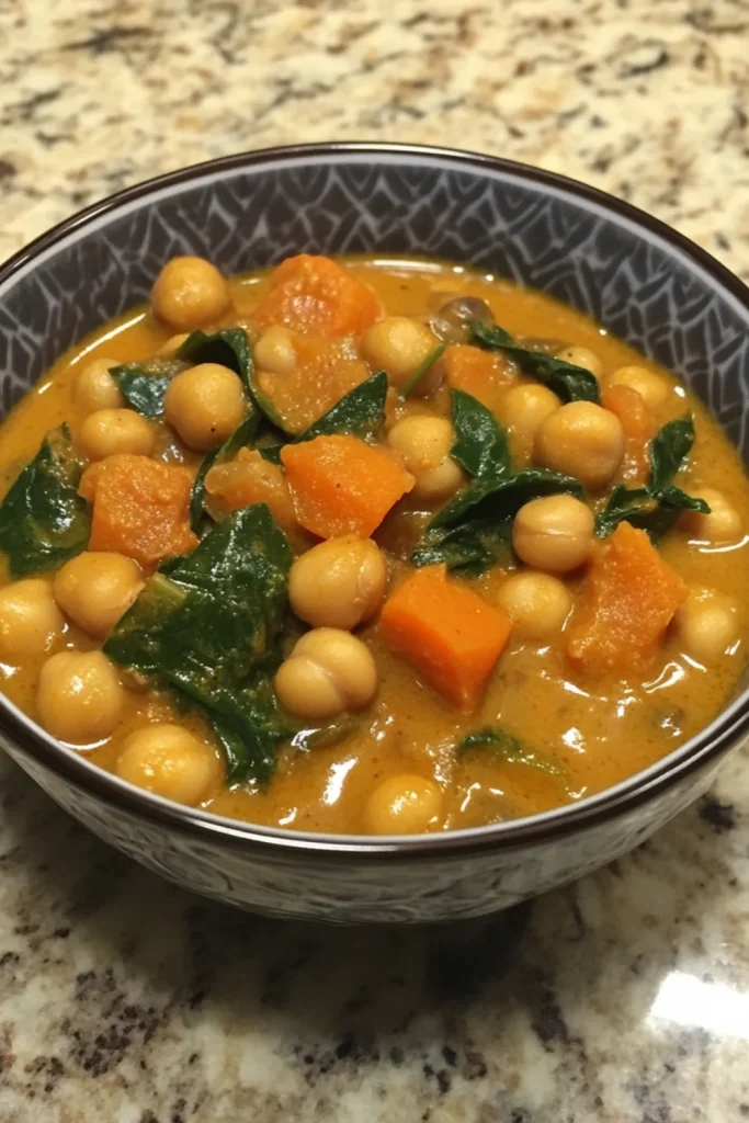 "Ein Gericht mit schnell zubereitetem Kichererbsen-Curry, garniert mit frischem Joghurt und Kräutern."