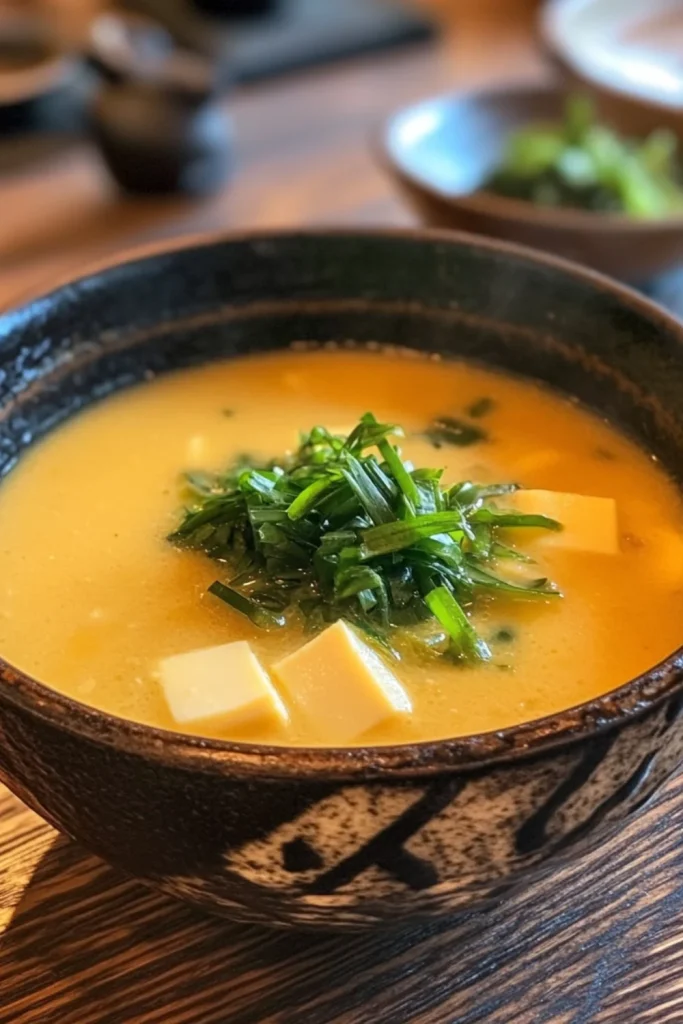 Nahaufnahme einer dampfenden Miso-Suppe mit Tofuwürfeln, Frühlingszwiebeln und Algen, serviert in einer traditionellen braunen Holzschale.