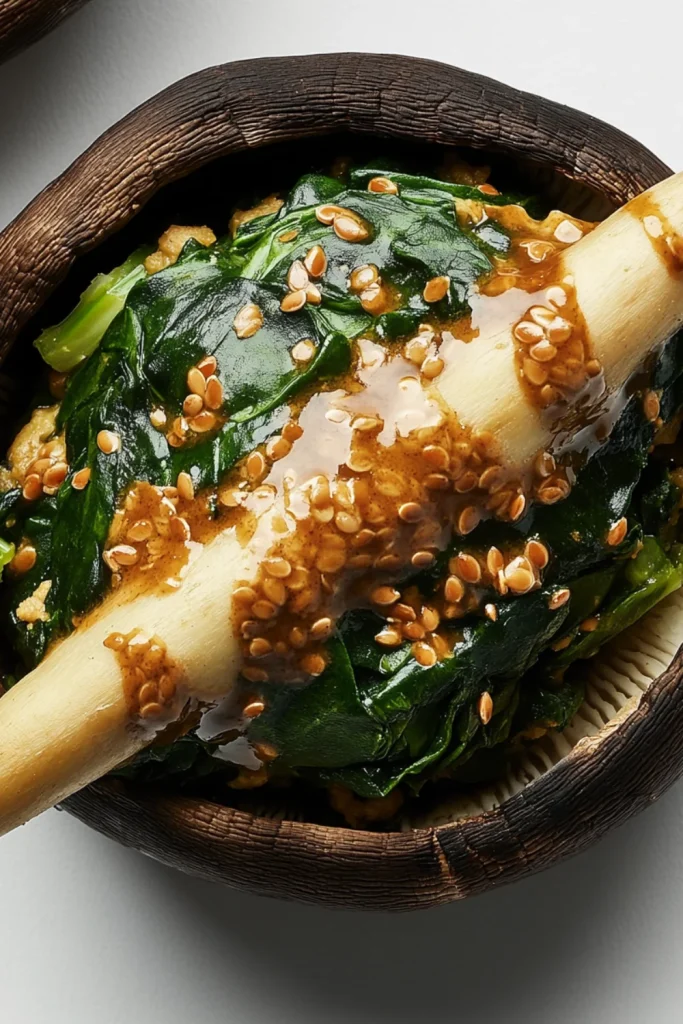 Leckere, frisch gefüllte Portobello-Pilze mit Spinat, Leinsamen und knusprigem Brotkrümeltopping, serviert in einer Schale.