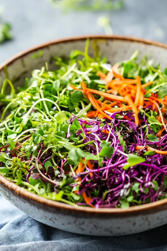 Ein frischer Salat aus Microgreens, Tomaten, Radieschen, Apfelstücken und Walnüssen, angemacht mit einer Balsamico-Vinaigrette – eine süß-herzhafte Geschmackskombination.