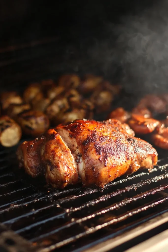 Gegrillte BBQ-Hähnchenflügel, glänzend mit Barbecuesoße überzogen und mit Grillstreifen.
