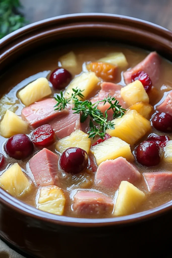 Schinken aus dem Slow Cooker mit Ananas und Kirschen, serviert mit einer Beilage aus frischen Ananasstücken und Kirschen.