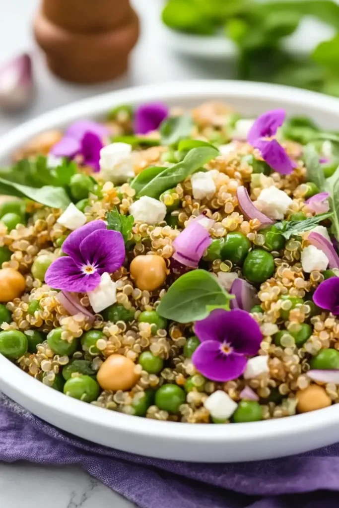 Quinoa-Salat mit frischen Erbsen, roten Zwiebeln und Kräutern.