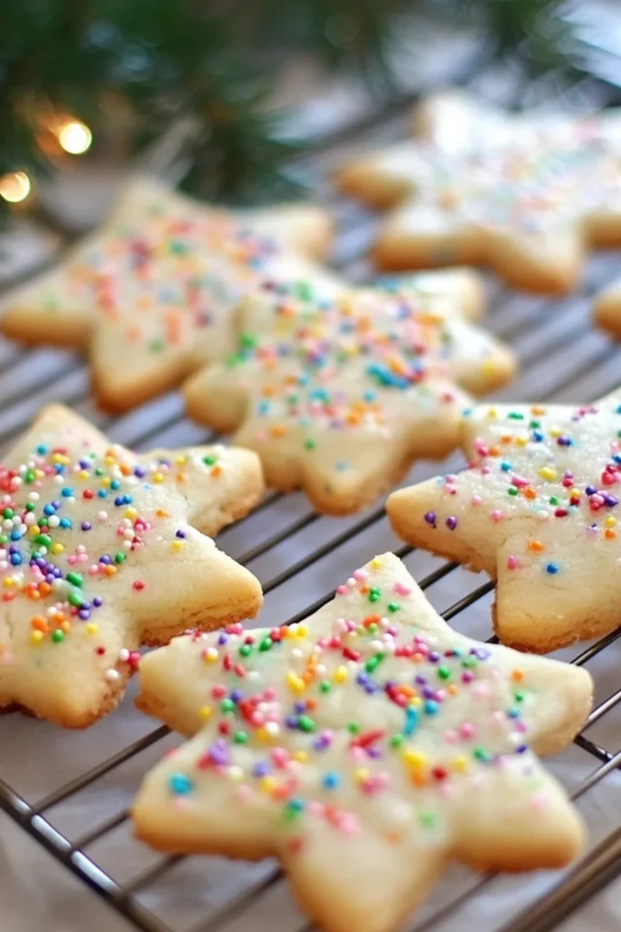 Bunte Funfetti-Kekse, die in einer Stapelformation serviert werden. Sie sind mit bunten Zuckerstreuseln verziert und sehen köstlich und einladend aus.