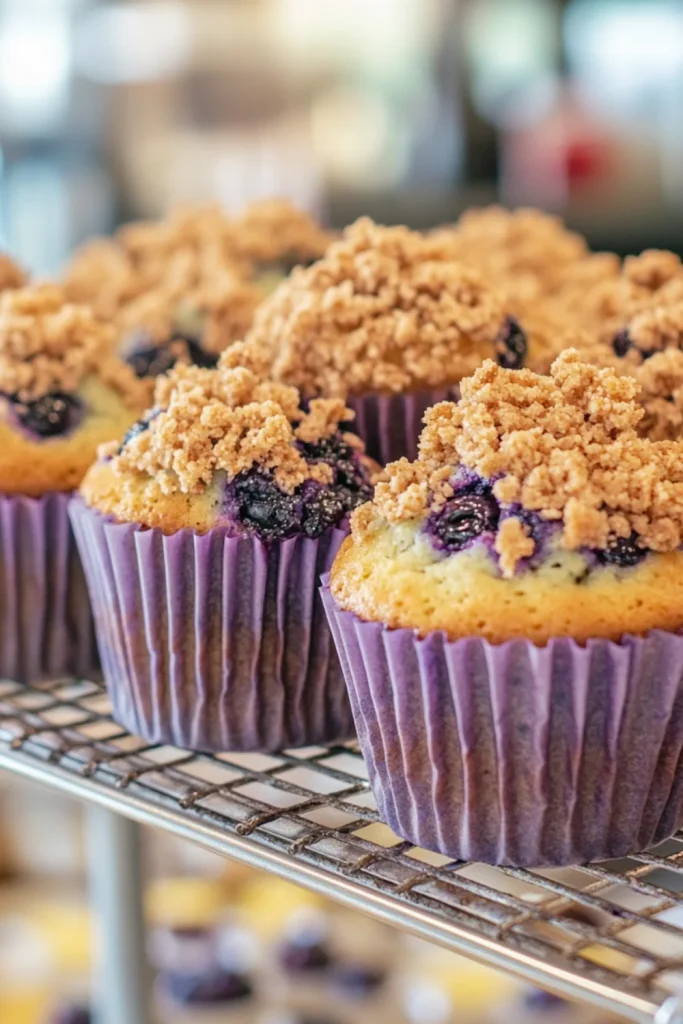 "Eine Reihe von frisch gebackenen Blaubeermuffins mit Streuseln, serviert in blauen Muffinförmchen auf einem Kuchenständer."