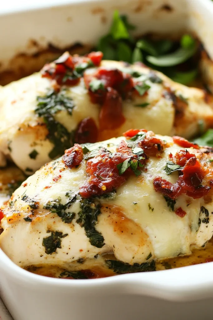 „Im Ofen gebackene Hähnchenbrust mit einer cremigen, würzigen Sauce aus Kräutern und Tomaten.“