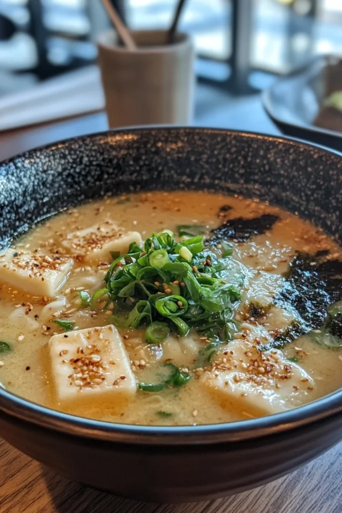 Nahaufnahme einer dampfenden Miso-Suppe mit Tofuwürfeln, Frühlingszwiebeln und Algen, serviert in einer traditionellen braunen Holzschale.