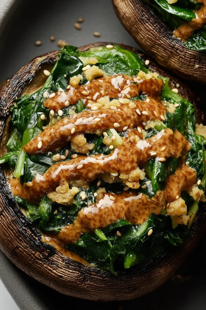 Leckere, frisch gefüllte Portobello-Pilze mit Spinat, Leinsamen und knusprigem Brotkrümeltopping, serviert in einer Schale.
