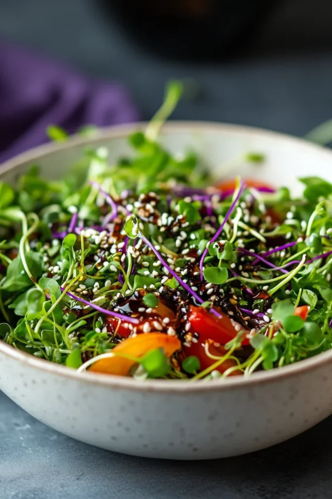 Ein frischer Salat aus Microgreens, Tomaten, Radieschen, Apfelstücken und Walnüssen, angemacht mit einer Balsamico-Vinaigrette – eine süß-herzhafte Geschmackskombination.