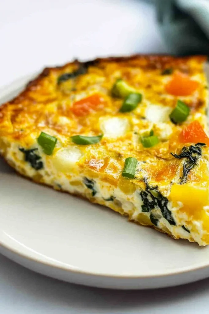 Ein Stück Kartoffel- und Spinat-Frittata, garniert mit Frühlingszwiebeln, auf einem weißen Teller serviert.