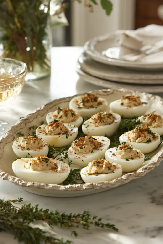 Kräutergefüllte deviled eggs auf einem Glasschalen-Tablett, dekoriert mit frischen Kräutern.
