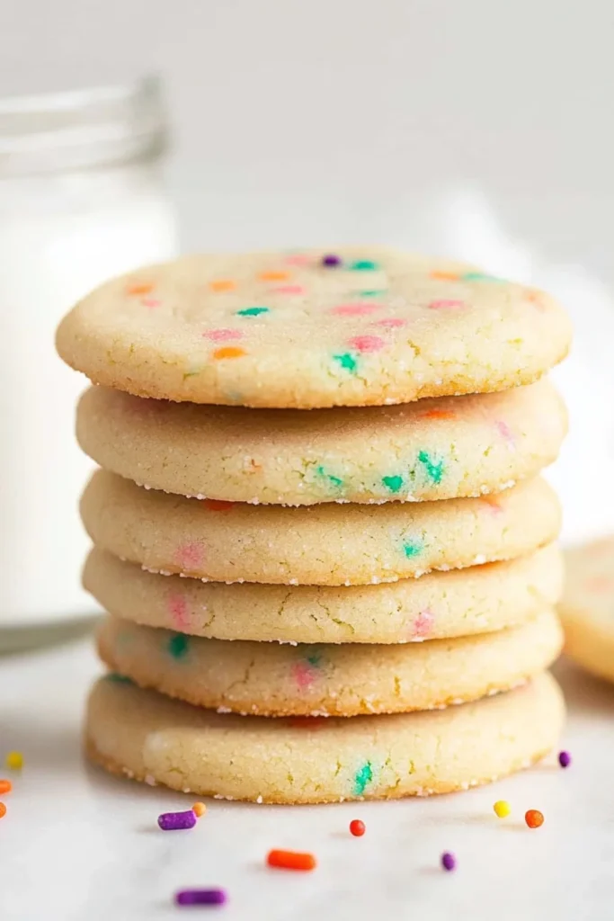 Bunte Funfetti-Kekse, die in einer Stapelformation serviert werden. Sie sind mit bunten Zuckerstreuseln verziert und sehen köstlich und einladend aus.