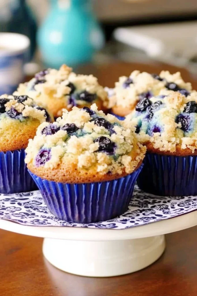 "Eine Reihe von frisch gebackenen Blaubeermuffins mit Streuseln, serviert in blauen Muffinförmchen auf einem Kuchenständer."