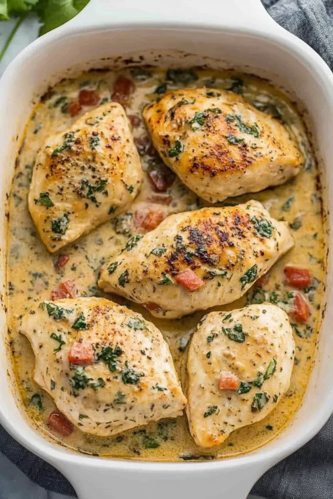 „Im Ofen gebackene Hähnchenbrust mit einer cremigen, würzigen Sauce aus Kräutern und Tomaten.“