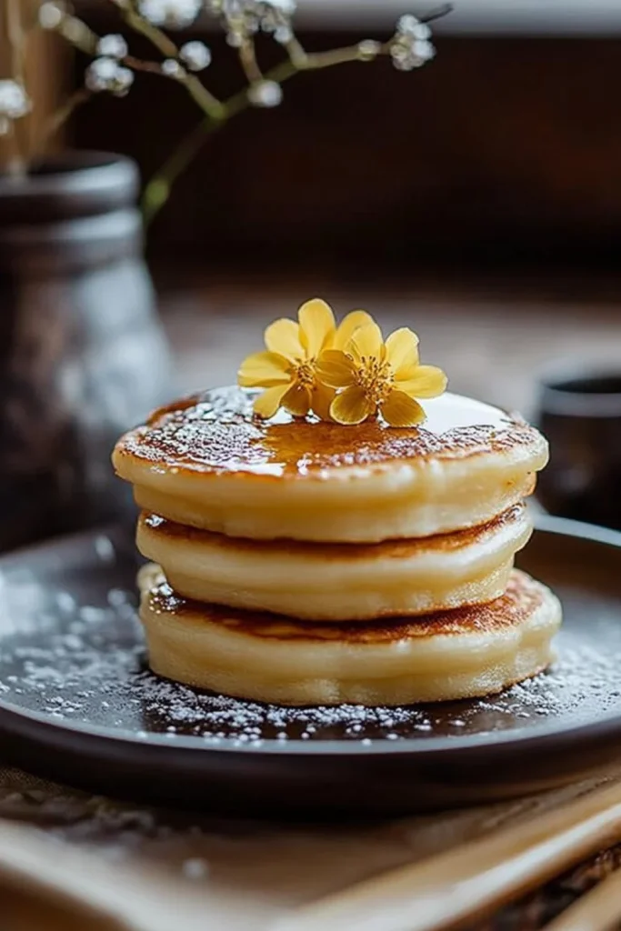 Nahaufnahme von drei gestapelten, fluffigen japanischen Pancakes auf einem dunklen Teller, garniert mit gelben Blüten und Puderzucker.