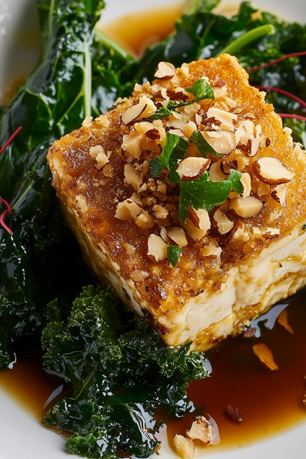 Ein Stück Walnusskrustierter Tofu auf Grünkohl, garniert mit gehackten Walnüssen und frischer Minze, serviert in einer leckeren Sauce.