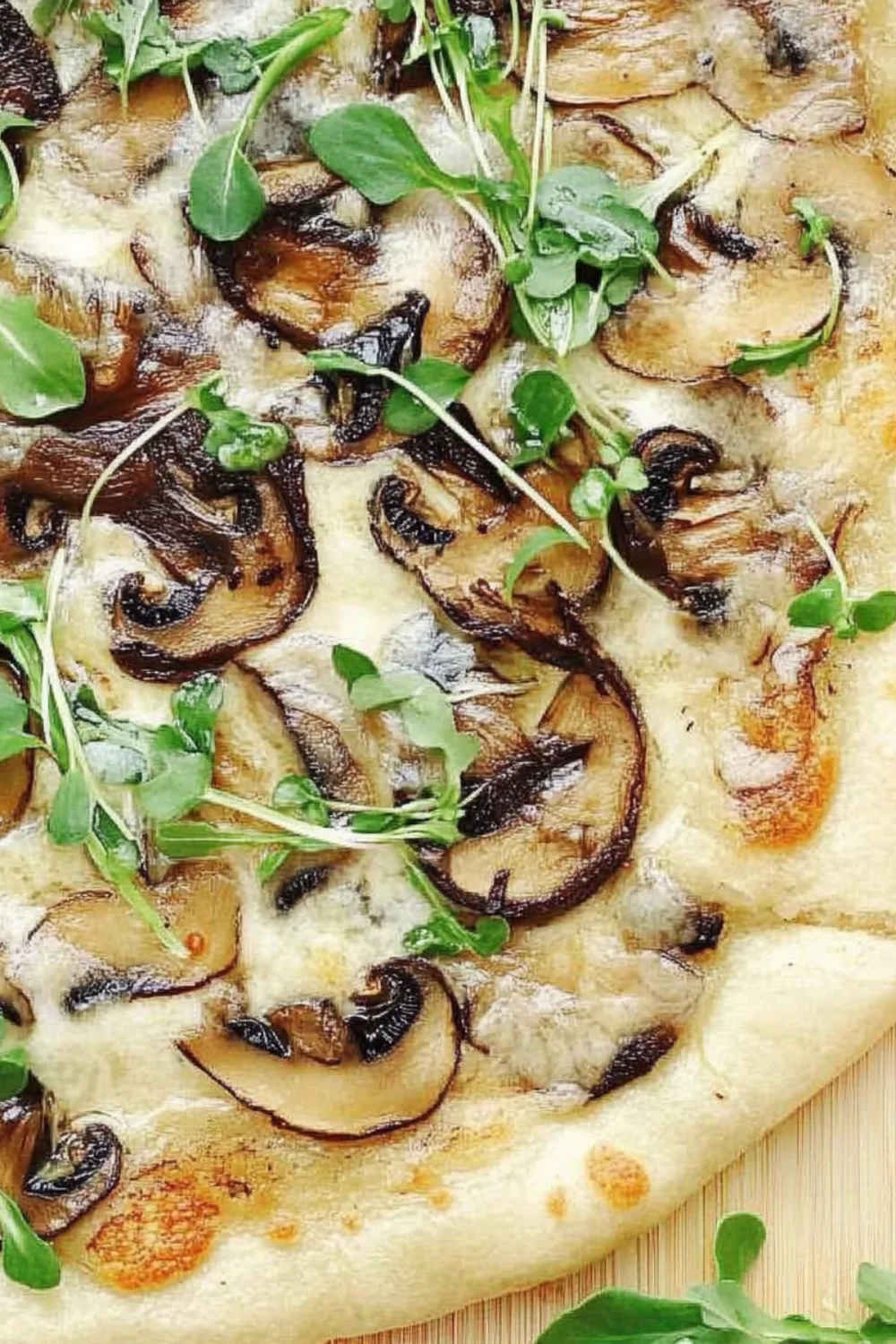 Eine köstliche Pizza mit Balsamico-Pilzen, karamellisierten Schalotten und frischen Microgreens, die einen herrlichen Geschmack und Textur bieten.