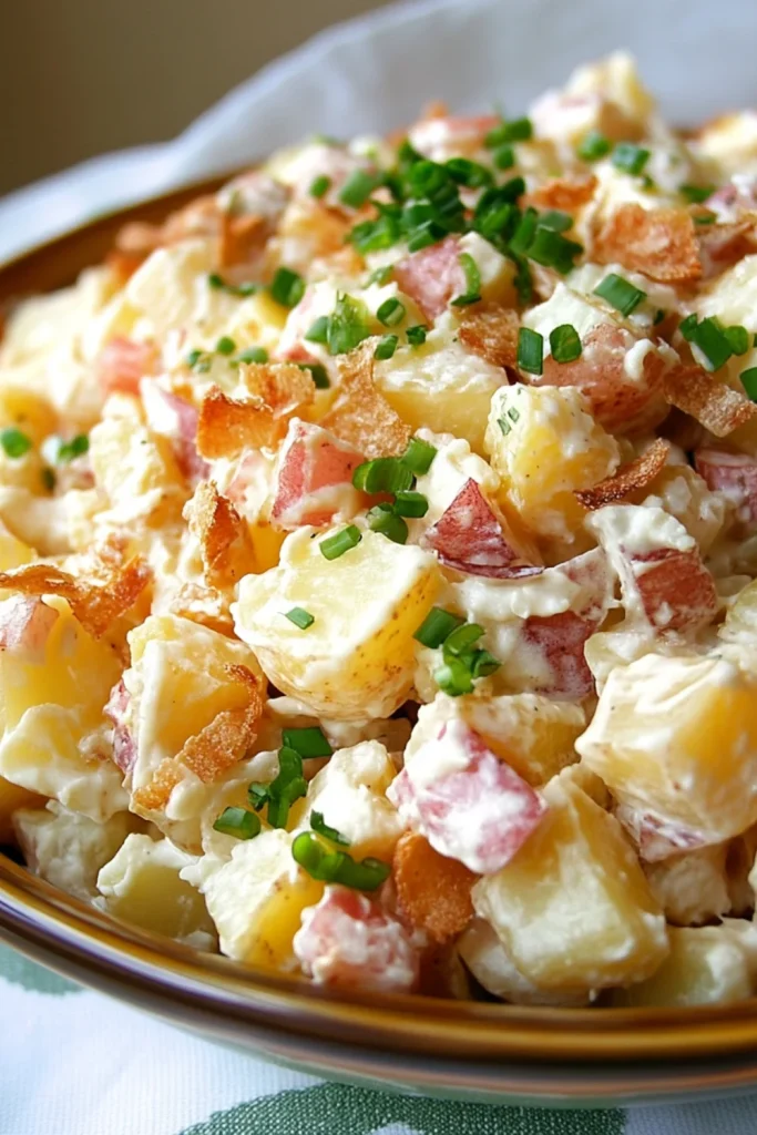 Eine Schüssel mit Kartoffelsalat, garniert mit Frühlingszwiebeln und knusprigen Kartoffelchips.