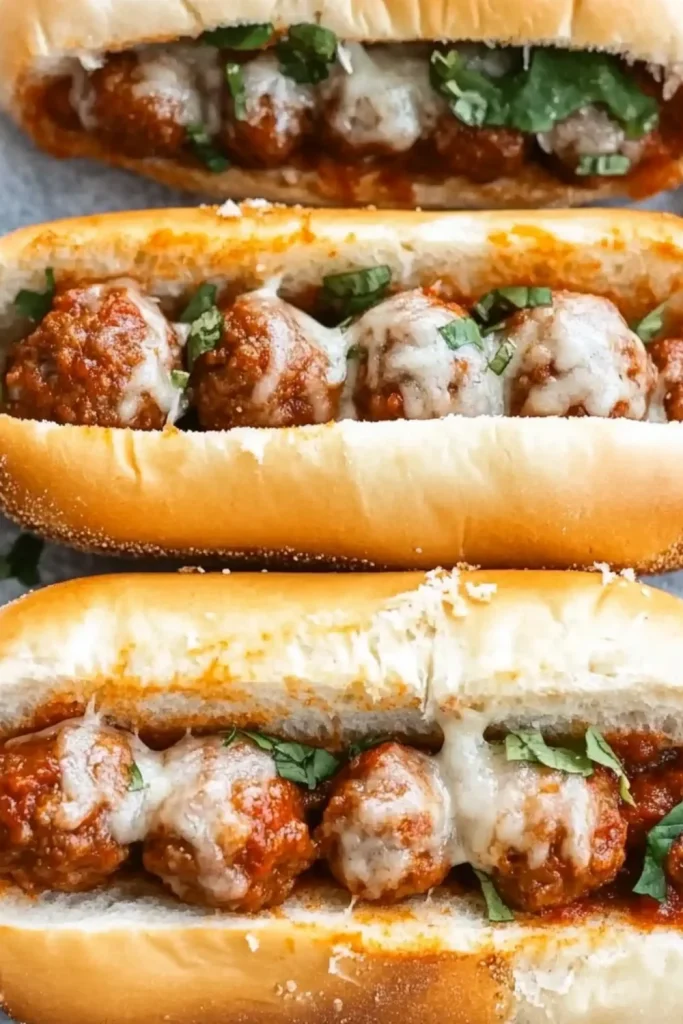 Fleischbällchen-Sandwiches mit Tomatensoße, geschmolzenem Käse und frischem Basilikum auf einem weichen Brötchen.