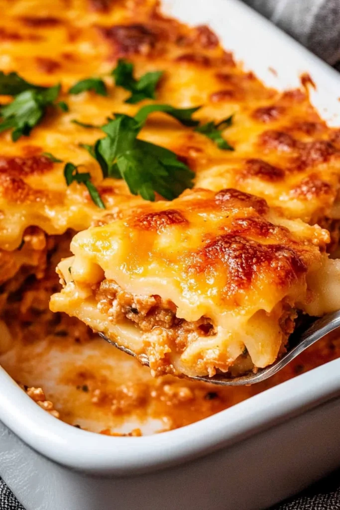Eine Portion Keto Blumenkohl Ziti wird mit einem Löffel aus einer Auflaufform gehoben. Der Auflauf ist mit goldbraunem, geschmolzenem Käse bedeckt, und eine Schicht Blumenkohlnudeln ist sichtbar.