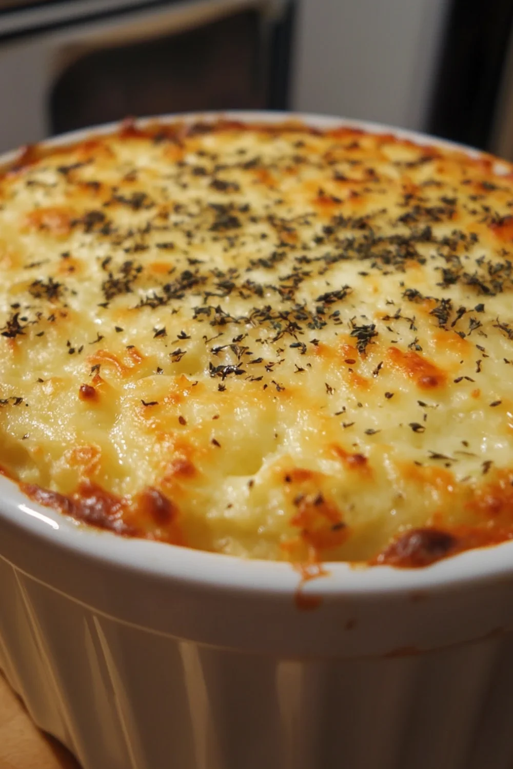 Überbackener Auflauf mit Brokkoli und Blumenkohl in cremiger Käsesoße, mit goldbrauner Kruste, frisch serviert aus der Auflaufform.