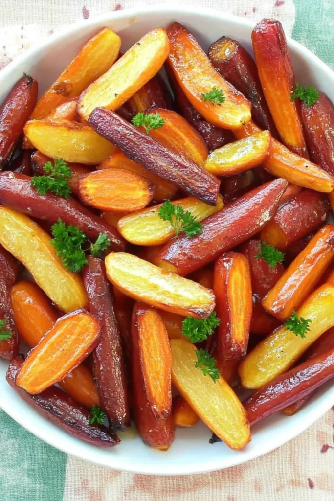 Bunte, im Ofen geröstete Karotten in Gelb, Orange und Violett, glasiert mit Honig-Balsamico und garniert mit frischer Petersilie, serviert in einer weißen Schale.