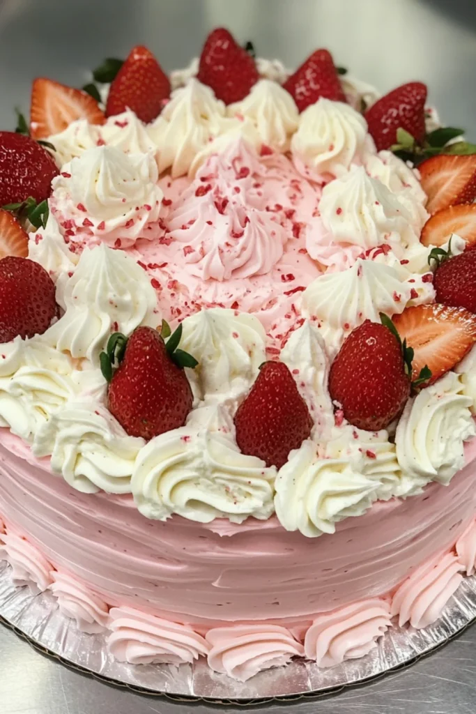 Ein saftiger Erdbeer-Pfundkuchen, der mit frischen Erdbeeren und einer süßen Zuckerglasur bedeckt ist.