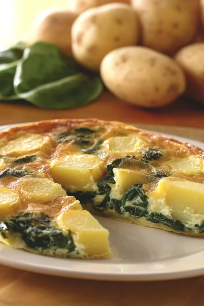 Ein Stück Kartoffel- und Spinat-Frittata, garniert mit Frühlingszwiebeln, auf einem weißen Teller serviert.
