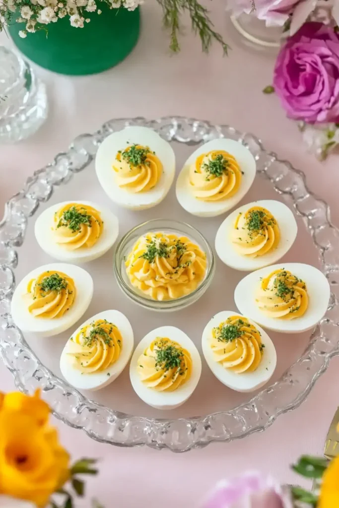 Kräutergefüllte deviled eggs auf einem Glasschalen-Tablett, dekoriert mit frischen Kräutern.