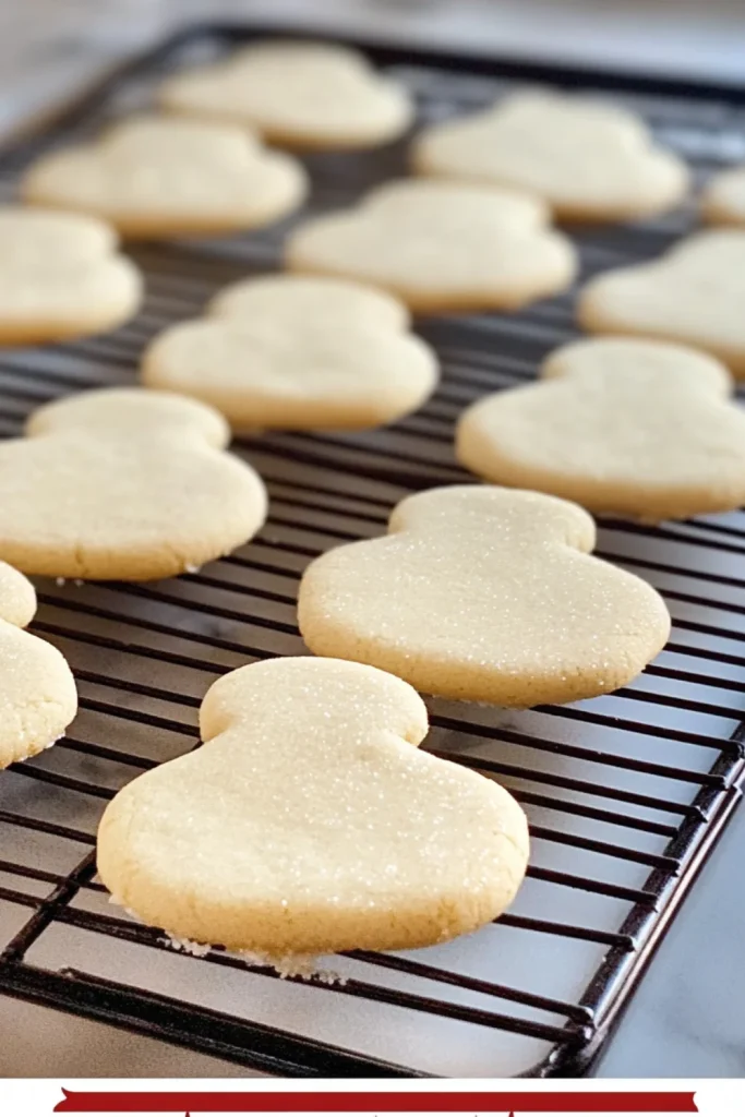 Eine Reihe frisch gebackener "No Spread Sugar Cookies" auf einem Kühlgitter. Die Kekse haben eine perfekt runde Form und sind leicht mit Zucker bestreut.