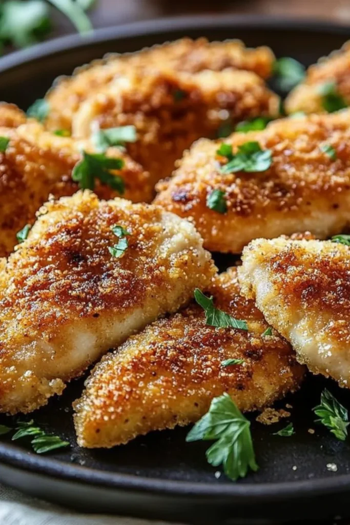 "Ein Teller mit knusprigen Knoblauch-Butter-Hähnchenteilen, garniert mit frischer Petersilie."