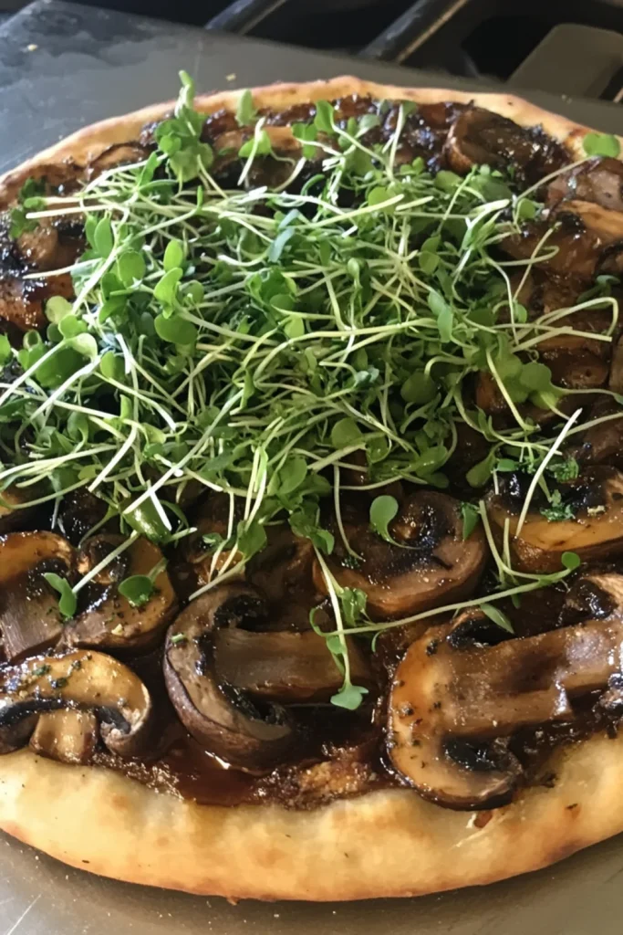 Eine köstliche Pizza mit Balsamico-Pilzen, karamellisierten Schalotten und frischen Microgreens, die einen herrlichen Geschmack und Textur bieten.