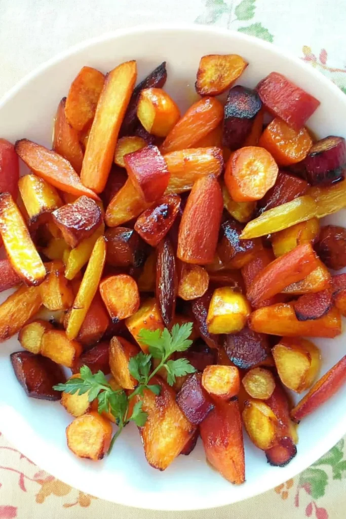 Bunte, im Ofen geröstete Karotten in Gelb, Orange und Violett, glasiert mit Honig-Balsamico und garniert mit frischer Petersilie, serviert in einer weißen Schale.