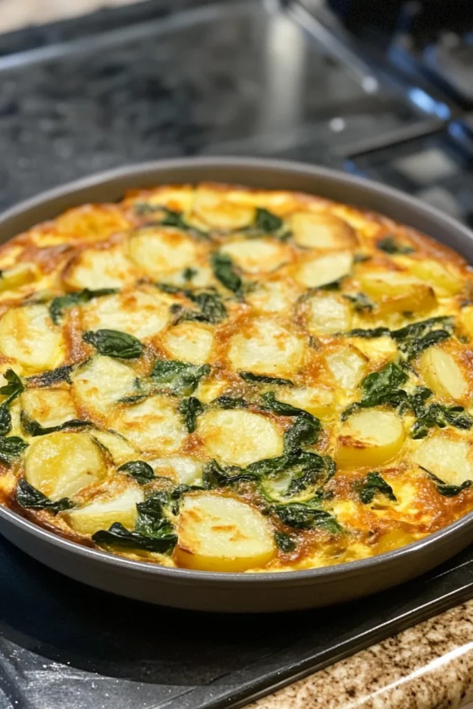 Ein Stück Kartoffel- und Spinat-Frittata, garniert mit Frühlingszwiebeln, auf einem weißen Teller serviert.