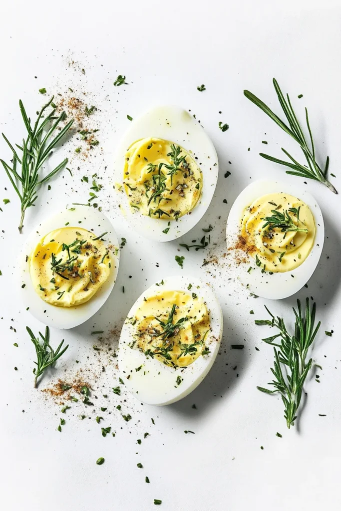 Kräutergefüllte deviled eggs auf einem Glasschalen-Tablett, dekoriert mit frischen Kräutern.