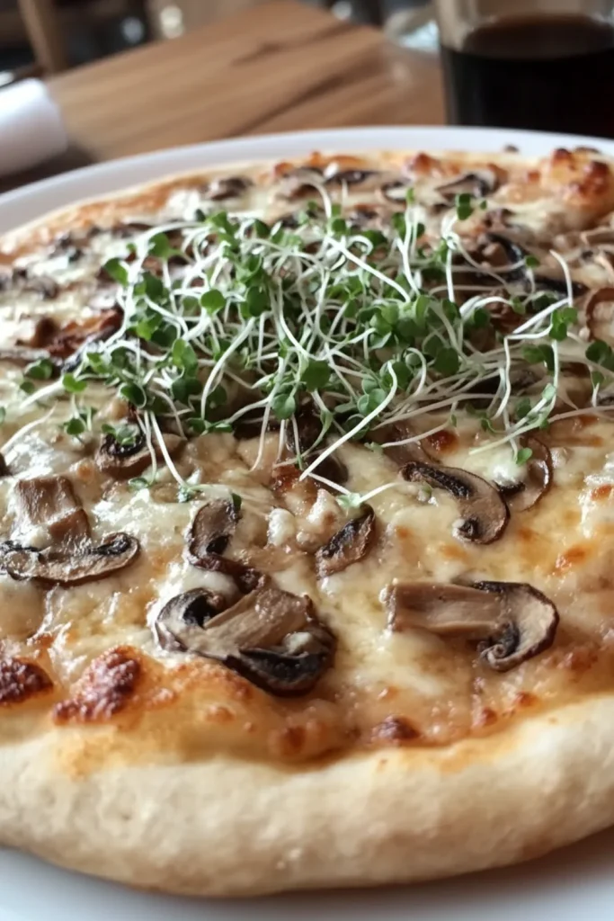 Eine köstliche Pizza mit Balsamico-Pilzen, karamellisierten Schalotten und frischen Microgreens, die einen herrlichen Geschmack und Textur bieten.