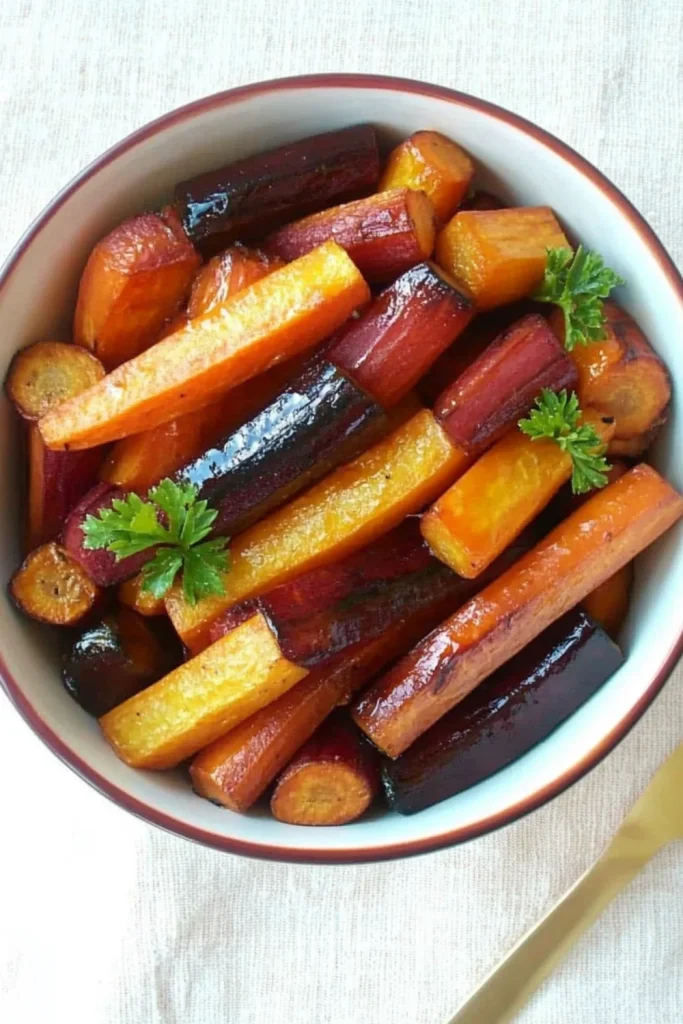 Bunte, im Ofen geröstete Karotten in Gelb, Orange und Violett, glasiert mit Honig-Balsamico und garniert mit frischer Petersilie, serviert in einer weißen Schale.