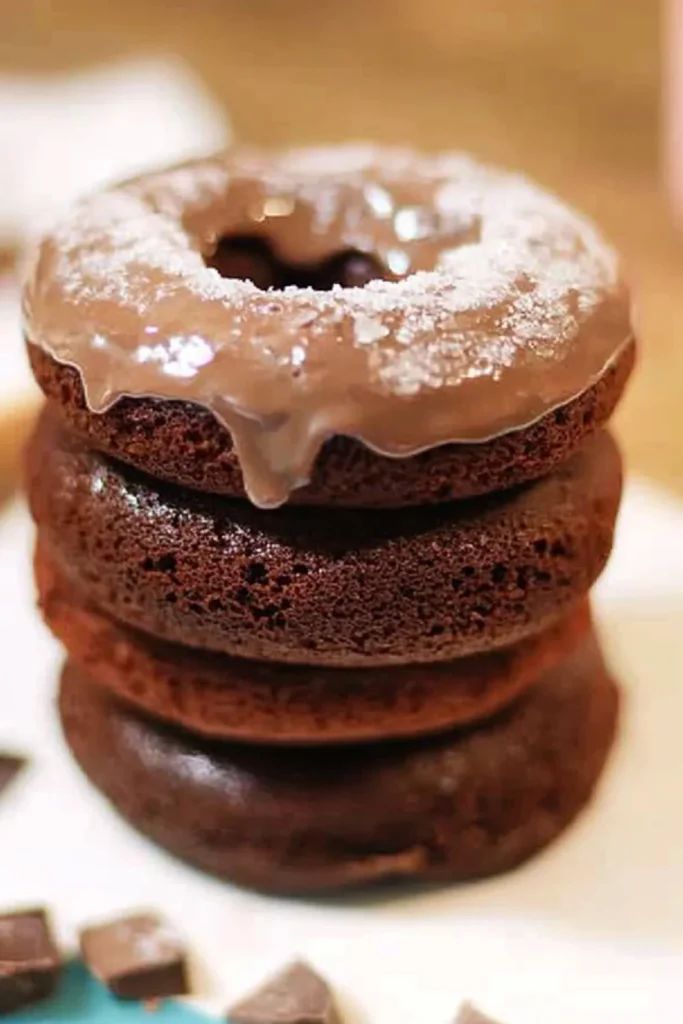 Ein Stapel glasierten Schokoladendoughnuts, mit einer glänzenden Zuckerglasur und einer Prise Puderzucker bestreut.