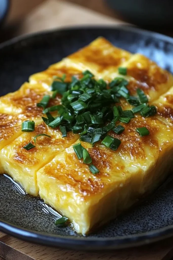 Nahaufnahme eines perfekt gebratenen Tamagoyaki (japanisches Omelett), in rechteckige Stücke geschnitten und mit gehacktem Schnittlauch garniert, serviert auf einem dunklen Teller.