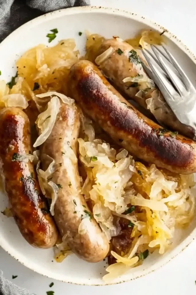 Bratwurst mit Sauerkraut auf einem Teller, garniert mit Zwiebeln und frischen Kräutern.