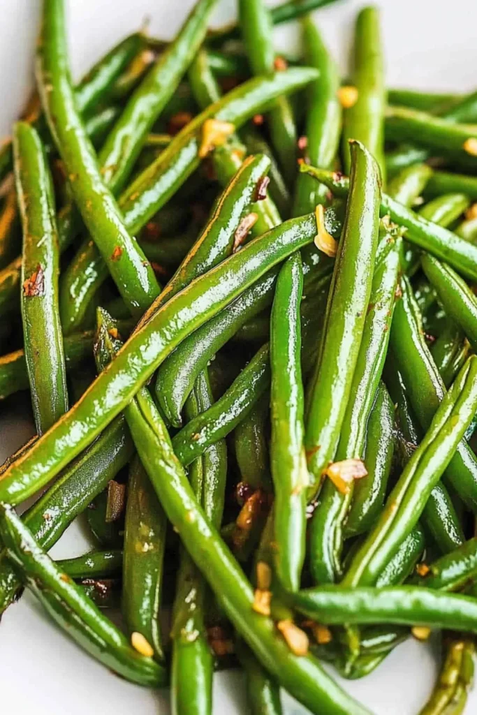Glänzend gebratene grüne Bohnen mit gehacktem Knoblauch, serviert auf einem weißen Teller.