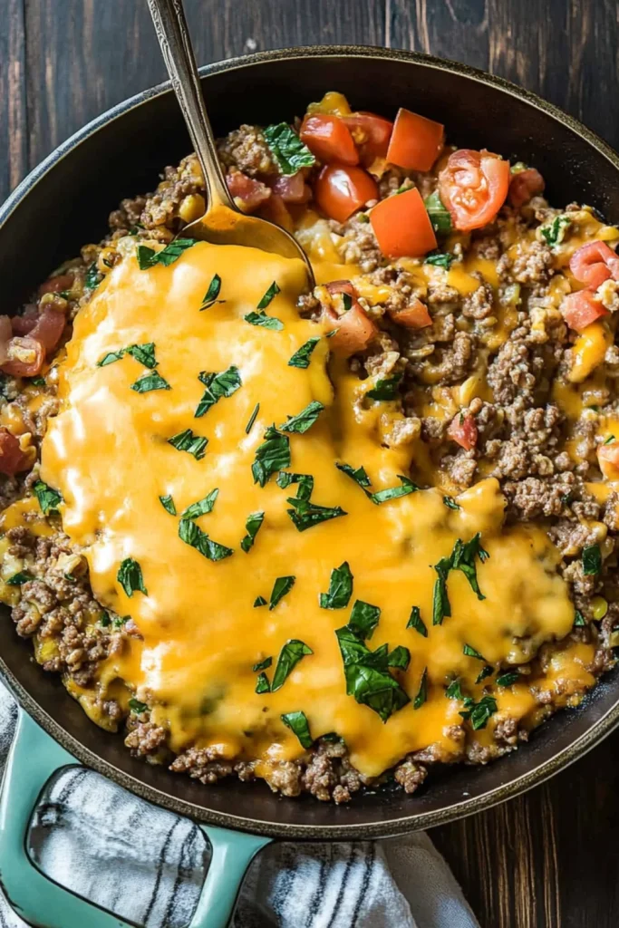 Ein One-Pan-Frühstück aus Rinderhackfleisch, geschmolzenem Käse, Tomaten und frischen Kräutern, serviert in einer Pfanne.