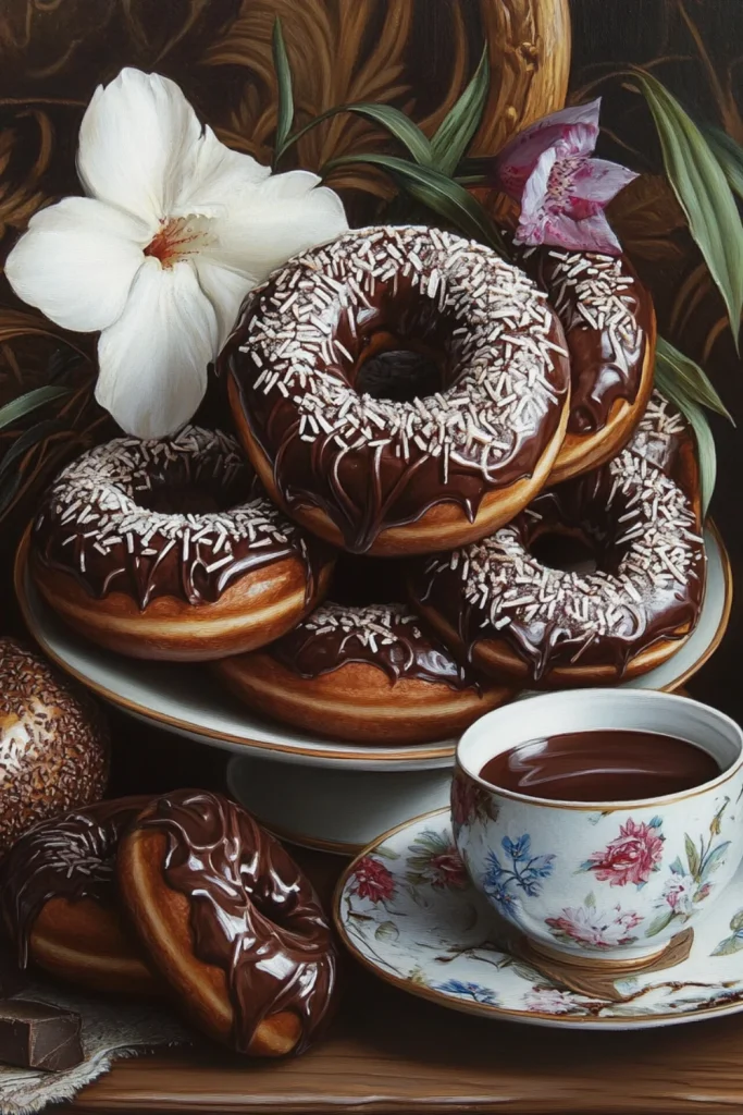 Ein Stapel glasierten Schokoladendoughnuts, mit einer glänzenden Zuckerglasur und einer Prise Puderzucker bestreut.