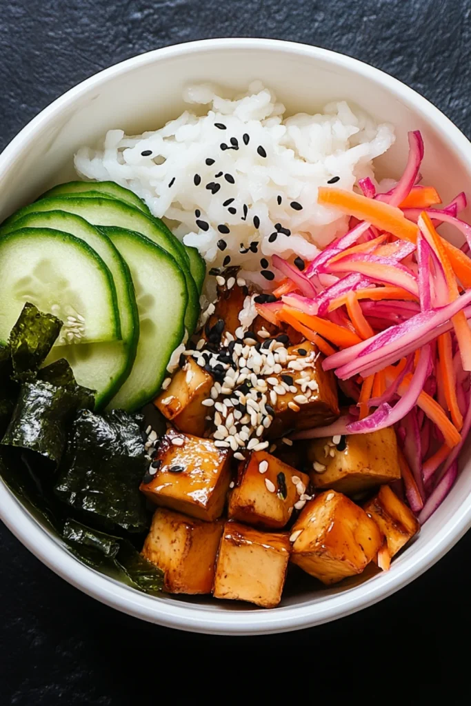 Eine Schale mit Reis, mariniertem Tofu, Seetang, Frühlingszwiebeln und Fischrogen in einer Schüssel, die ein köstliches und gesundes Poke-Bowl-Gericht bildet.