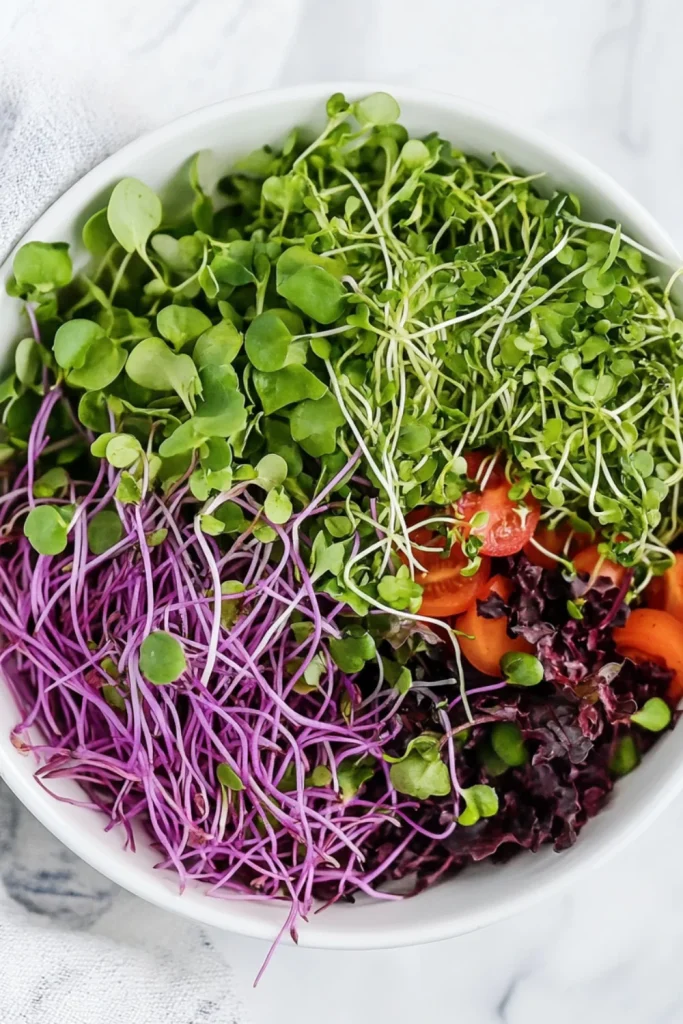 Ein gesunder und frischer Super Microgreens-Salat, der eine Mischung aus leuchtenden, grünen und lilafarbenen Mikrogrün enthält, zusammen mit frischen Karottenstreifen.