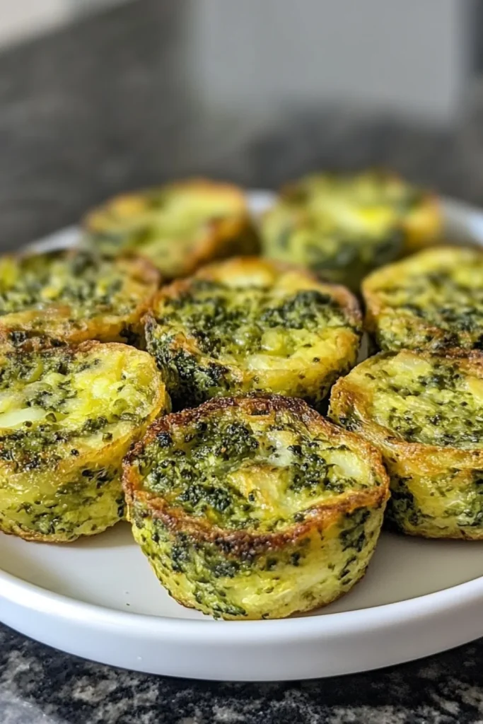 Eine Platte mit kleinen Brokkoli-Ei-Bissen, die goldbraun und lecker aussehen.