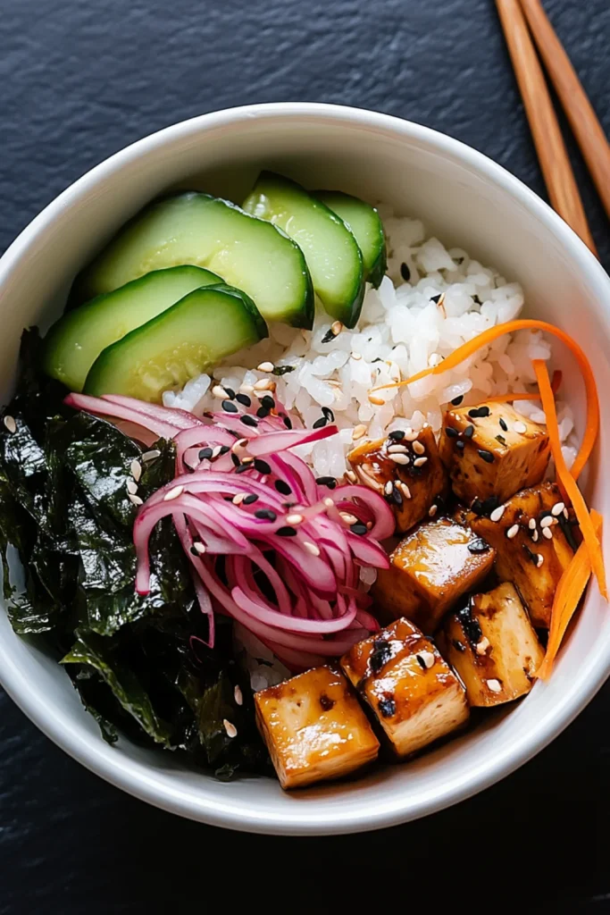 Eine Schale mit Reis, mariniertem Tofu, Seetang, Frühlingszwiebeln und Fischrogen in einer Schüssel, die ein köstliches und gesundes Poke-Bowl-Gericht bildet.