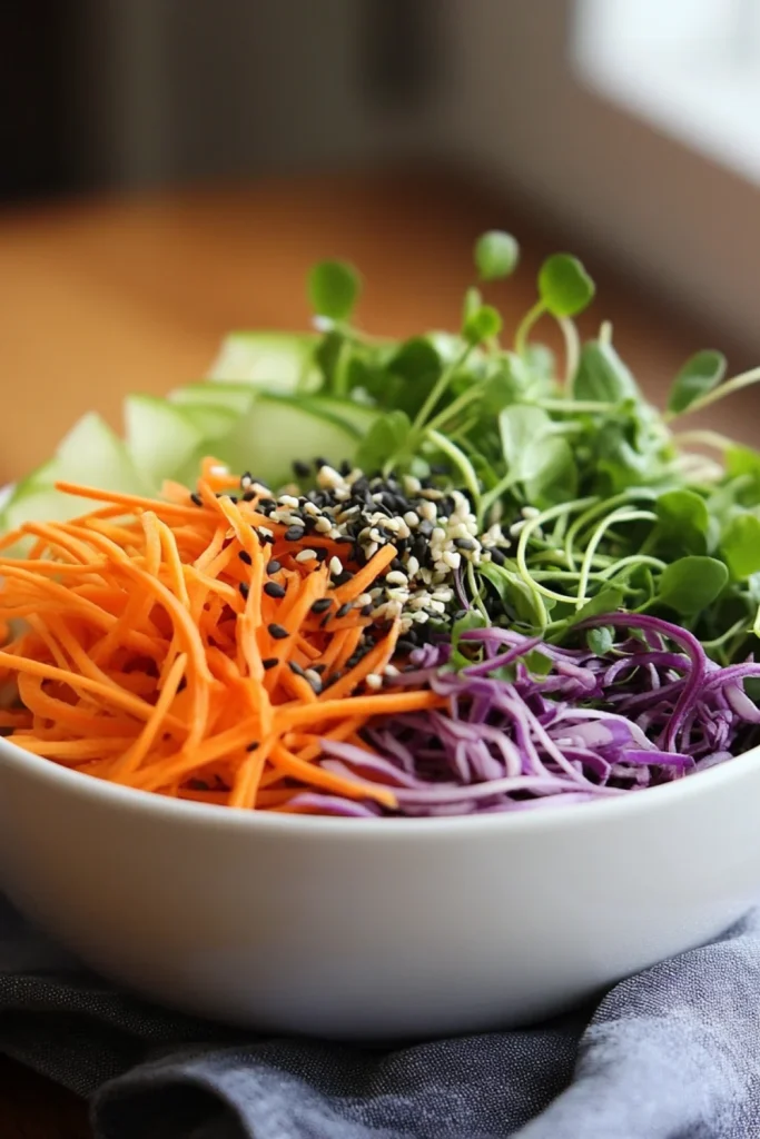 Ein gesunder und frischer Super Microgreens-Salat, der eine Mischung aus leuchtenden, grünen und lilafarbenen Mikrogrün enthält, zusammen mit frischen Karottenstreifen.