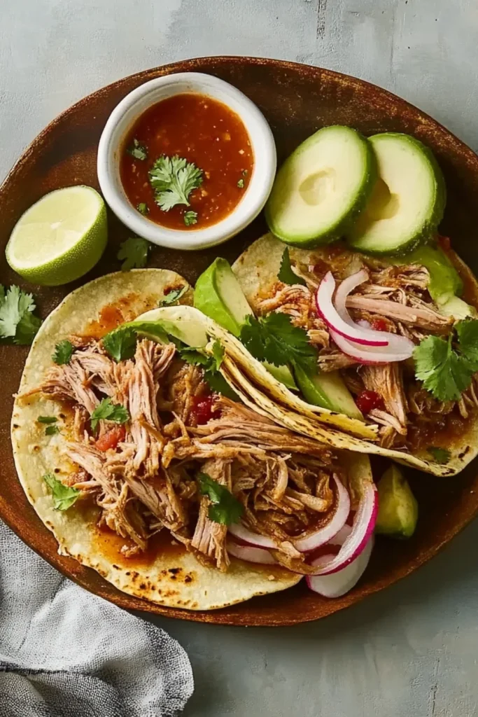 Pork Carnitas mit zartem, langsam gegartem Schweinefleisch, frischen Avocadoscheiben, Zwiebeln und Koriander auf einer weichen Tortilla.